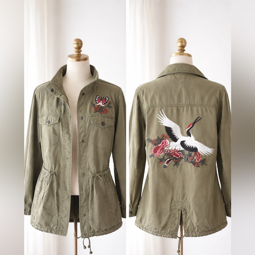 Sun & Shadow Embroidered Utility Jacket XS Olive Green Butterfly Crane